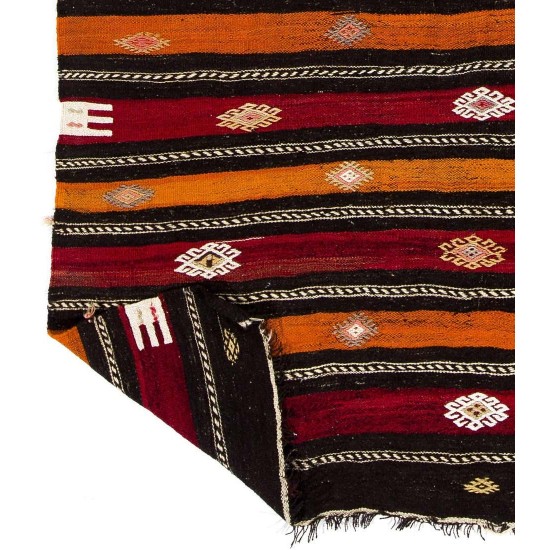 Banded Vintage Handmade Anatolian Kilim, Flat-weave Rug, Red, Orange & Black colors