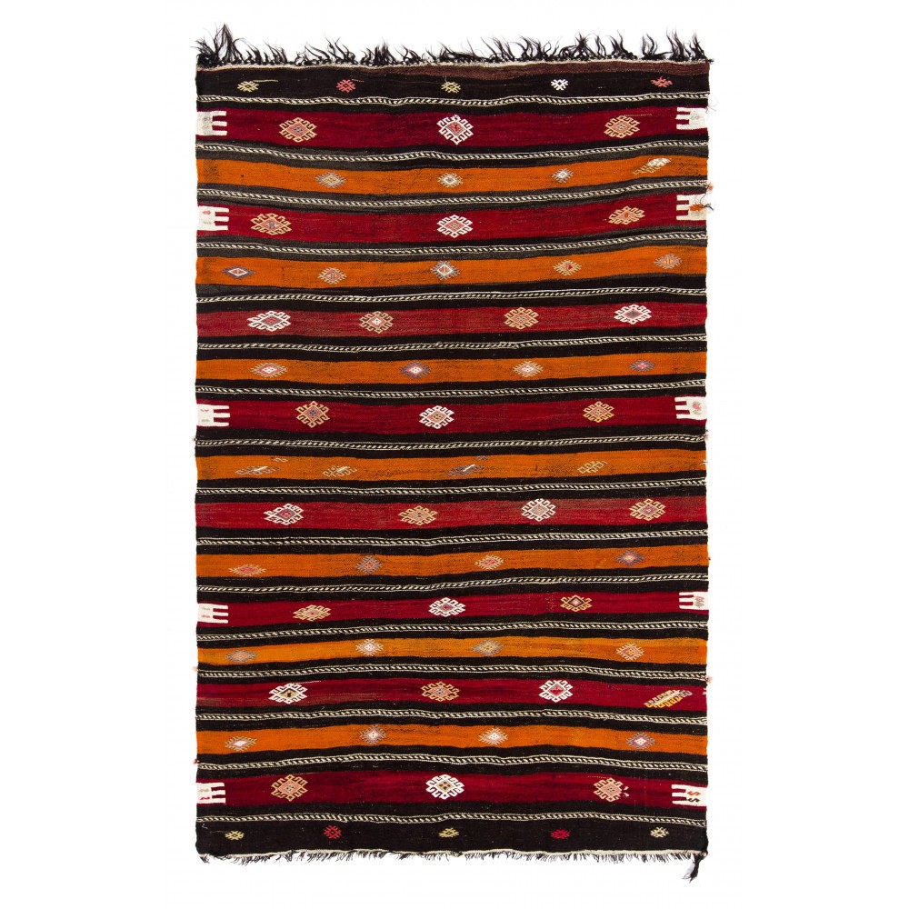 Banded Vintage Handmade Anatolian Kilim, Flat-weave Rug, Red, Orange & Black colors