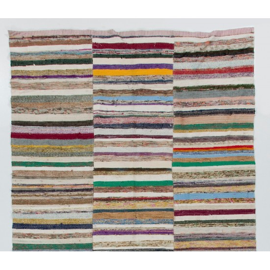Colorful Vintage Banded Cotton Kilim, Flat-Weave Rag Rug. Adjustable