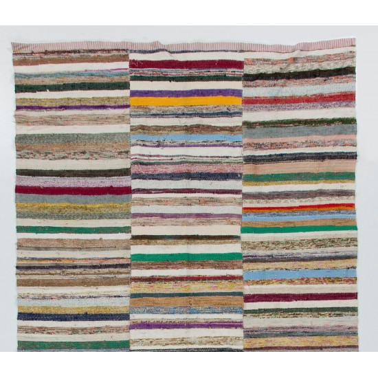 Colorful Vintage Banded Cotton Kilim, Flat-Weave Rag Rug. Adjustable Colorful Vintage Banded Cotton Kilim, Flat-Weave Rag Rug. Adjustable