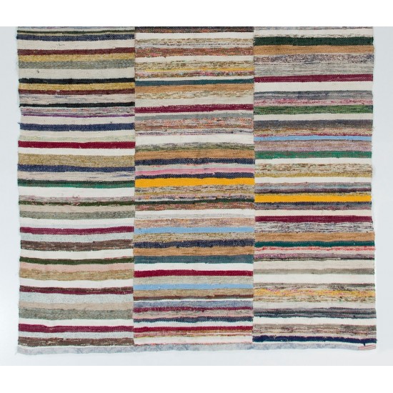 Colorful Vintage Banded Cotton Kilim, Flat-Weave Rag Rug. Adjustable