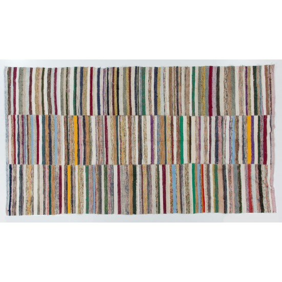 Colorful Vintage Banded Cotton Kilim, Flat-Weave Rag Rug. Adjustable