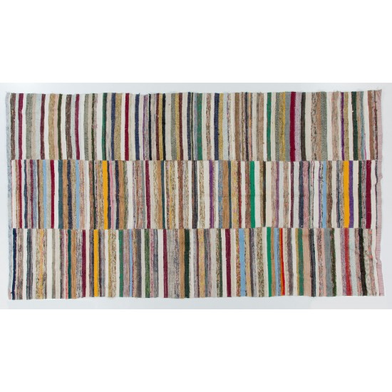 Colorful Vintage Banded Cotton Kilim, Flat-Weave Rag Rug. Adjustable Colorful Vintage Banded Cotton Kilim, Flat-Weave Rag Rug. Adjustable