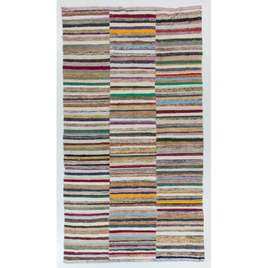 Colorful Vintage Banded Cotton Kilim, Flat-Weave Rag Rug. Adjustable Colorful Vintage Banded Cotton Kilim, Flat-Weave Rag Rug. Adjustable