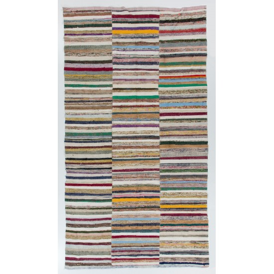 Colorful Vintage Banded Cotton Kilim, Flat-Weave Rag Rug. Adjustable