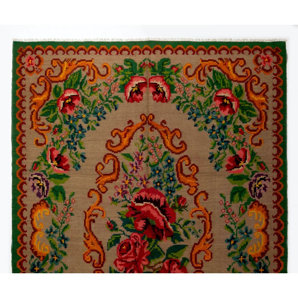 Vintage Bessarabian Kilim, Floral Handwoven Wool Rug from Moldova