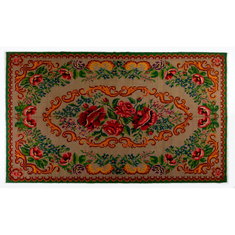 Vintage Bessarabian Kilim, Floral Handwoven Wool Rug from Moldova