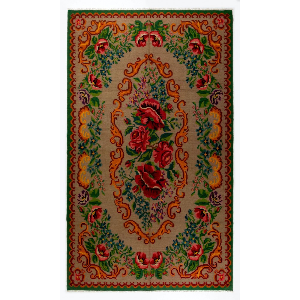 Vintage Bessarabian Kilim, Floral Handwoven Wool Rug from Moldova
