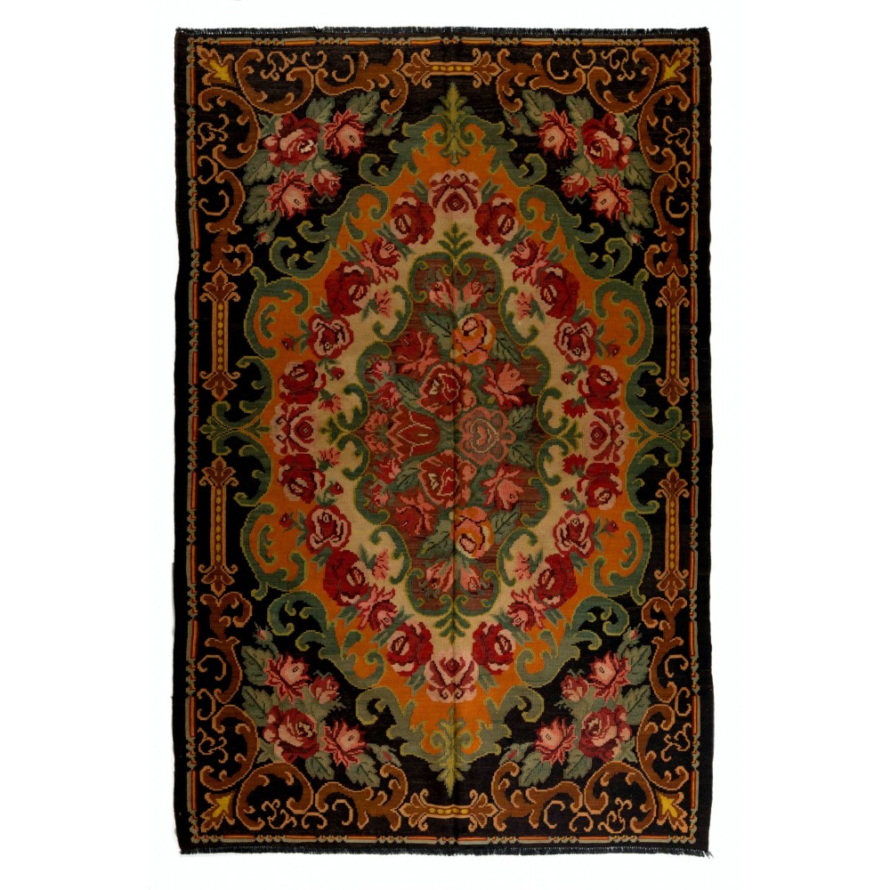 Vintage Bessarabian Kilim, Floral Handwoven Wool Rug from Moldova