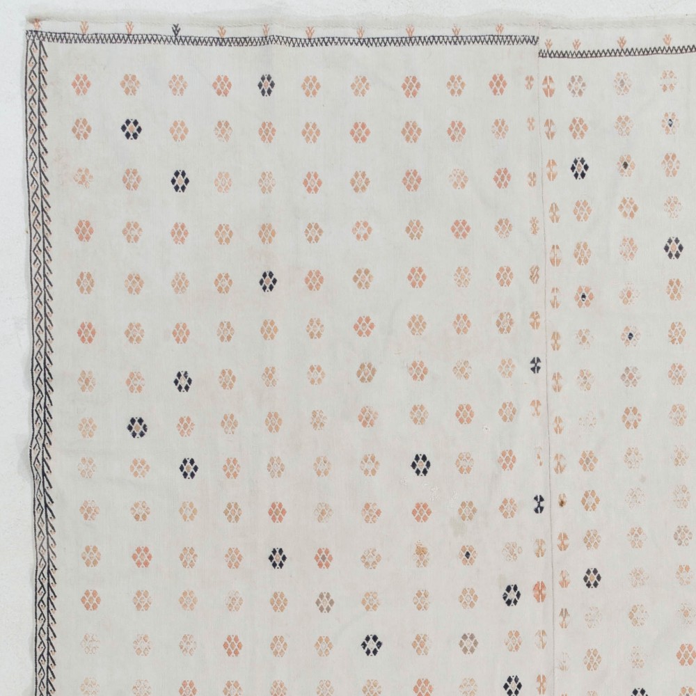 Vintage Handwoven Turkish Cotton Kilim, Ivory Flatweave Rug with Small Geometric Motifs