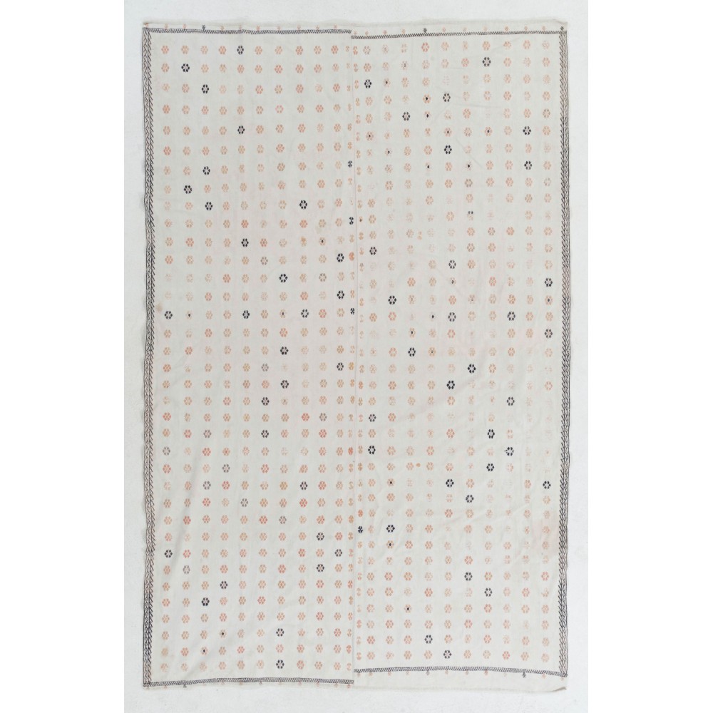Vintage Cotton Kilim, Flat-Weave Rug in Floral Design