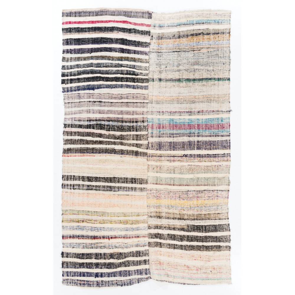 Vintage Hand-Woven Cotton Anatolian Kilim Rug. Flat-Weave Floor Covering