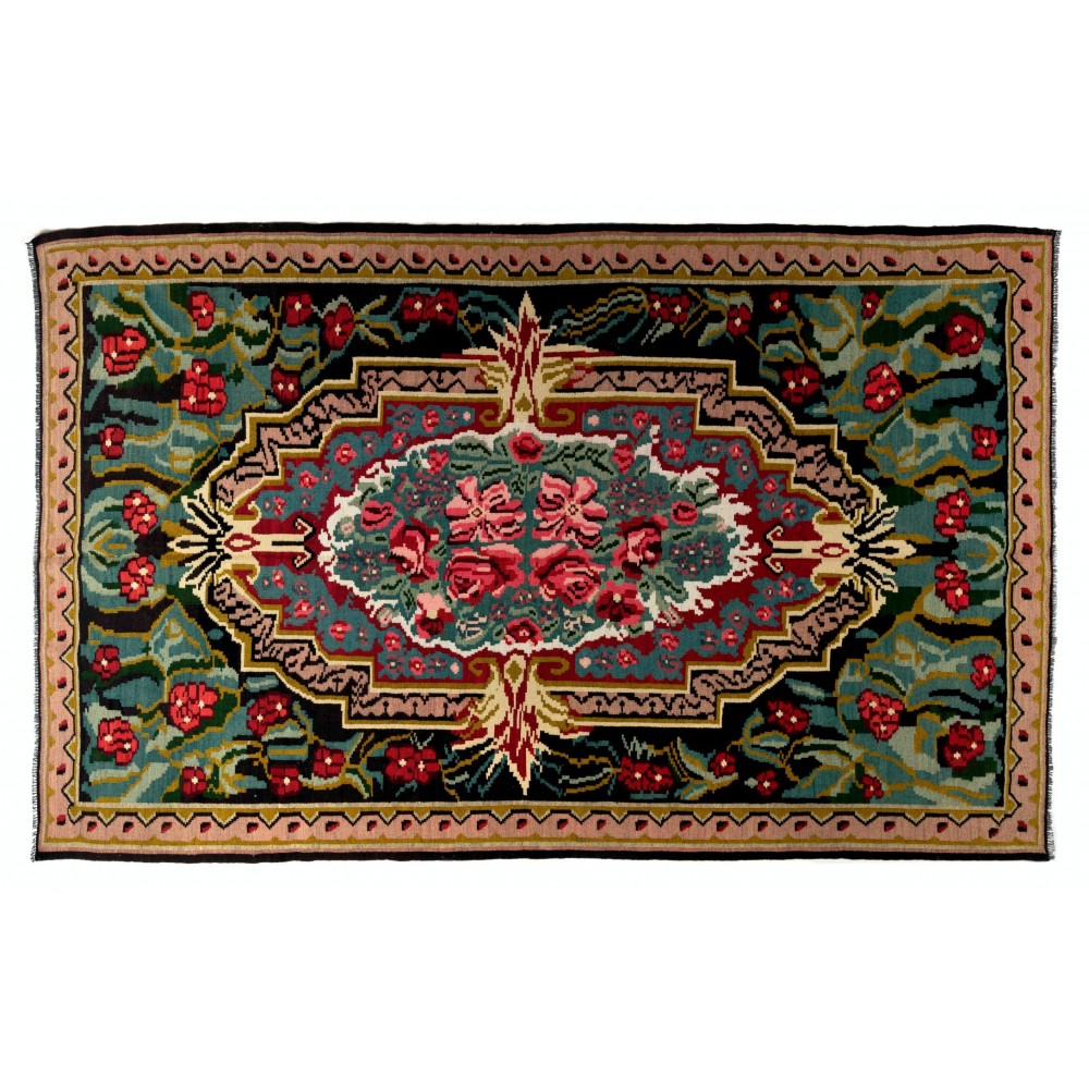Vintage Bessarabian Kilim, Floral Handwoven Wool Rug from Moldova