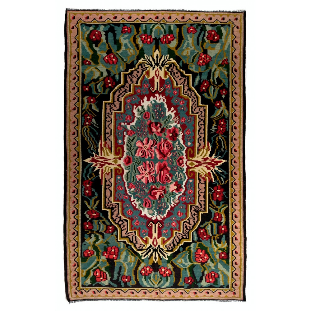 Vintage Bessarabian Kilim, Floral Handwoven Wool Rug from Moldova