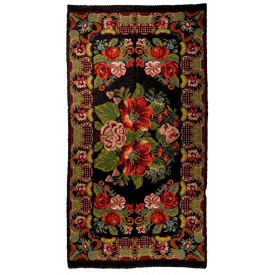 Unique Vintage Eastern European Bessarabian Kilim Rug. Floral Pattern Handmade Tapestry. 100% Wool