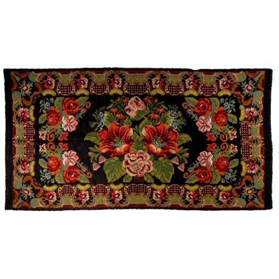 Unique Vintage Eastern European Bessarabian Kilim Rug. Floral Pattern Handmade Tapestry. 100% Wool