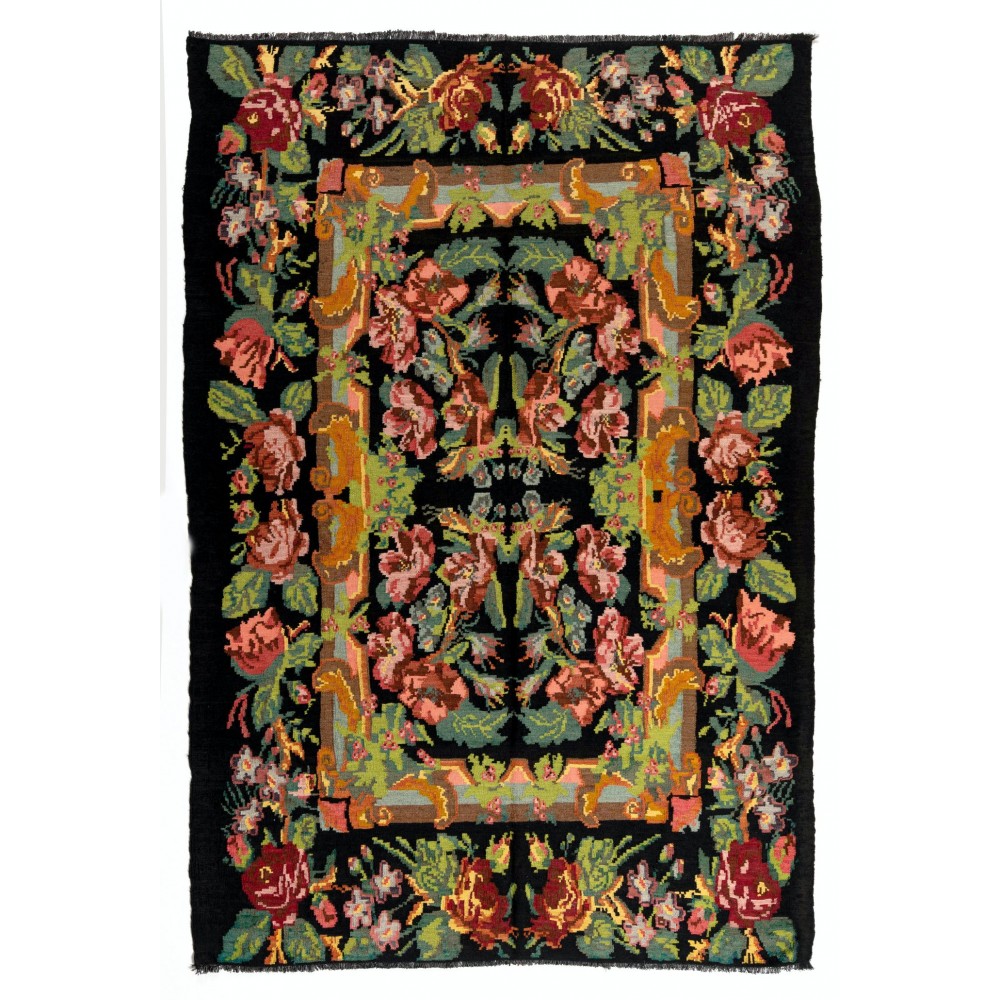 Vintage Bessarabian Kilim, Floral Handwoven Wool Rug from Moldova