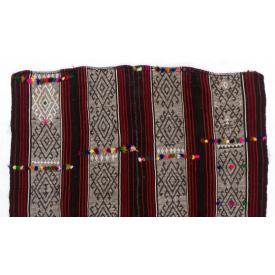 Hand-woven Vintage Central Anatolian Kilim (Flat-weave) with Colorful Pomps