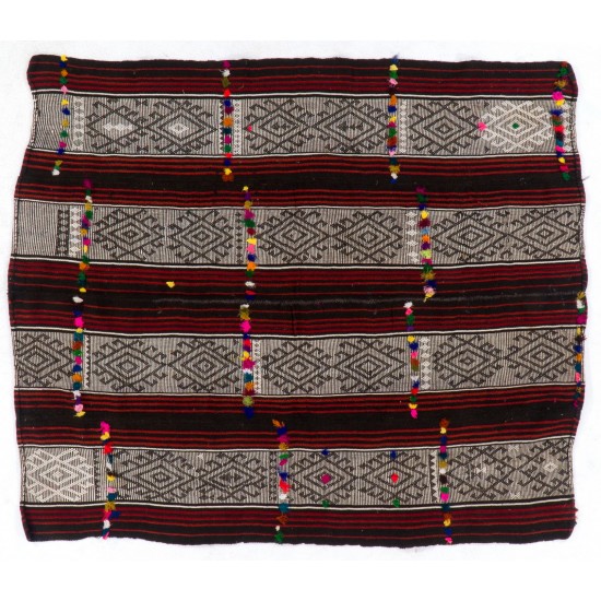 Hand-woven Vintage Central Anatolian Kilim (Flat-weave) with Colorful Pomps