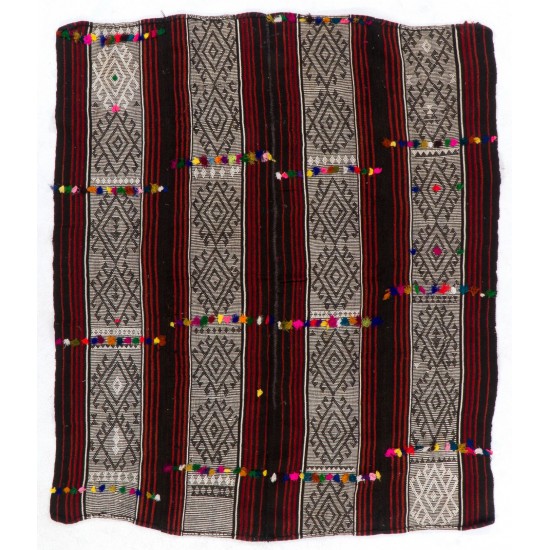 Hand-woven Vintage Central Anatolian Kilim (Flat-weave) with Colorful Pomps