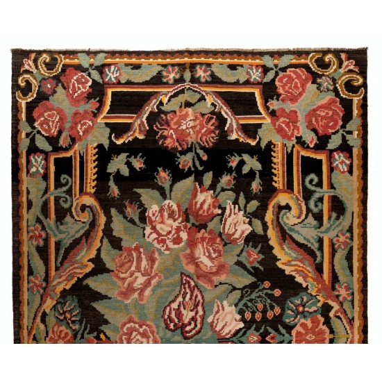 Decorative Hand-Woven Vintage Floral Tapestry. Eastern European Bessarabian Kilim Rug, 100% Wool