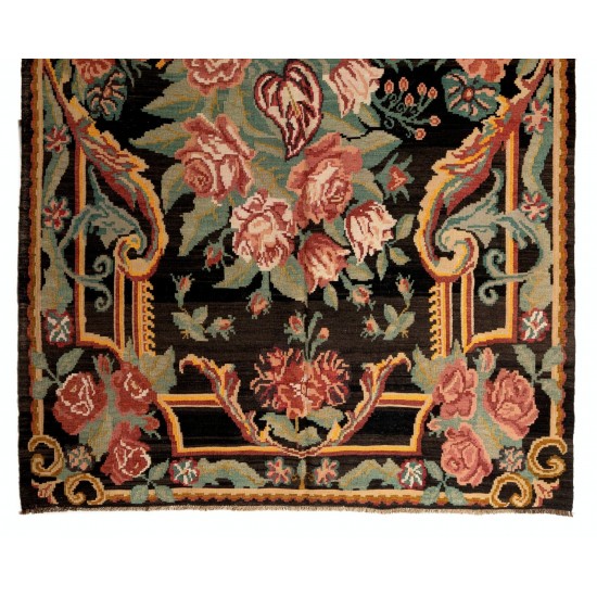 Decorative Hand-Woven Vintage Floral Tapestry. Eastern European Bessarabian Kilim Rug, 100% Wool