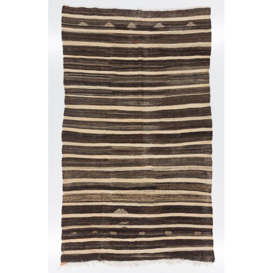 Vintage Striped Nomadic Kilim Made of Natural Undyed Wool