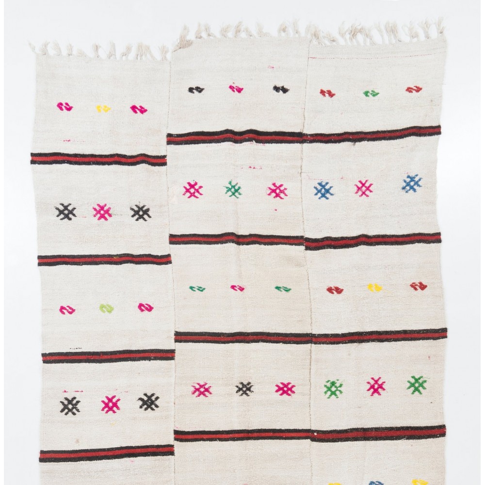 Vintage Wool and Cotton Kilim Rug with Pink Green Orange Blue Embroidery