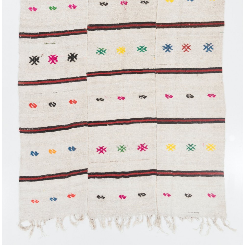 Vintage Wool and Cotton Kilim Rug with Pink Green Orange Blue Embroidery