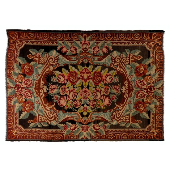 Hand-Woven Vintage Floral Pattern Tapestry. Eastern European Bessarabian Kilim Rug, 100% Organic Wool and Natural Dyes