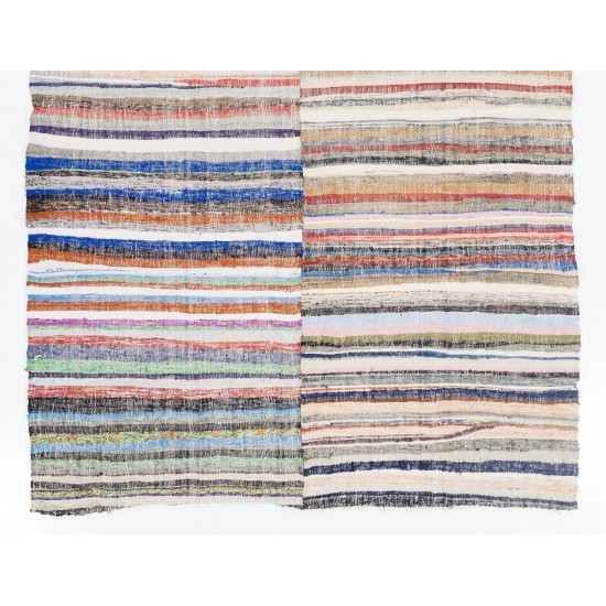 Striped Colorful Cotton Kilim,  Hand-Woven Rag Rug, Vintage Rug