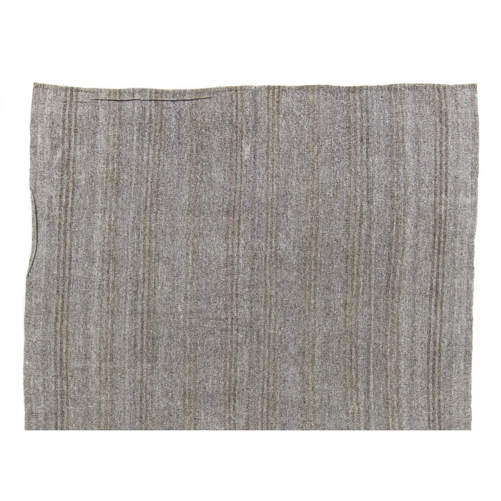 Natural Goat Wool and Hemp Hand-woven Vintage Kilim (Flat-weave) in Light Gray & Greenish Brown