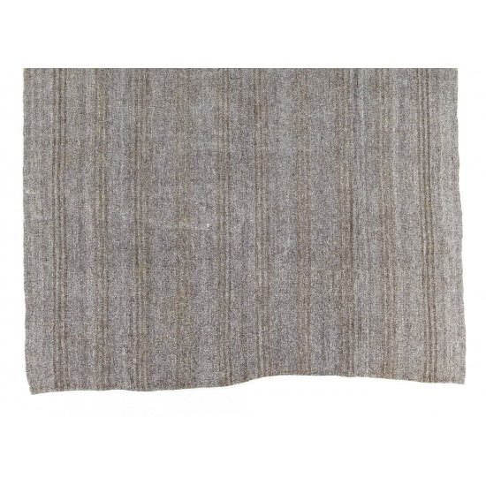 Natural Goat Wool and Hemp Hand-woven Vintage Kilim (Flat-weave) in Light Gray & Greenish Brown