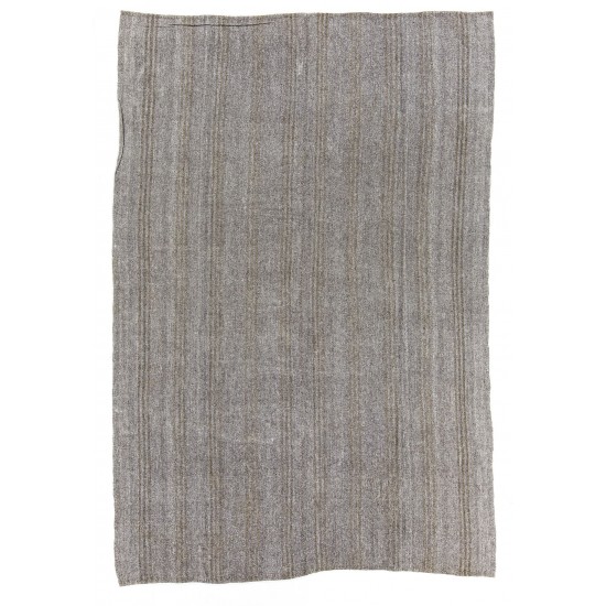 Natural Goat Wool and Hemp Hand-woven Vintage Kilim (Flat-weave) in Light Gray & Greenish Brown