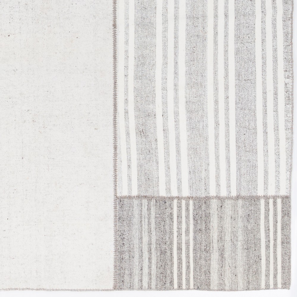 Vintage Handwoven Turkish Patchwork Kilim, Neutral Gray and Ivory Striped Flatweave Rug in Goat Hair and Cotton Vintage Handwoven Turkish Patchwork Kilim, Neutral Gray and Ivory Striped Flatweave Rug in Goat Hair and Cotton