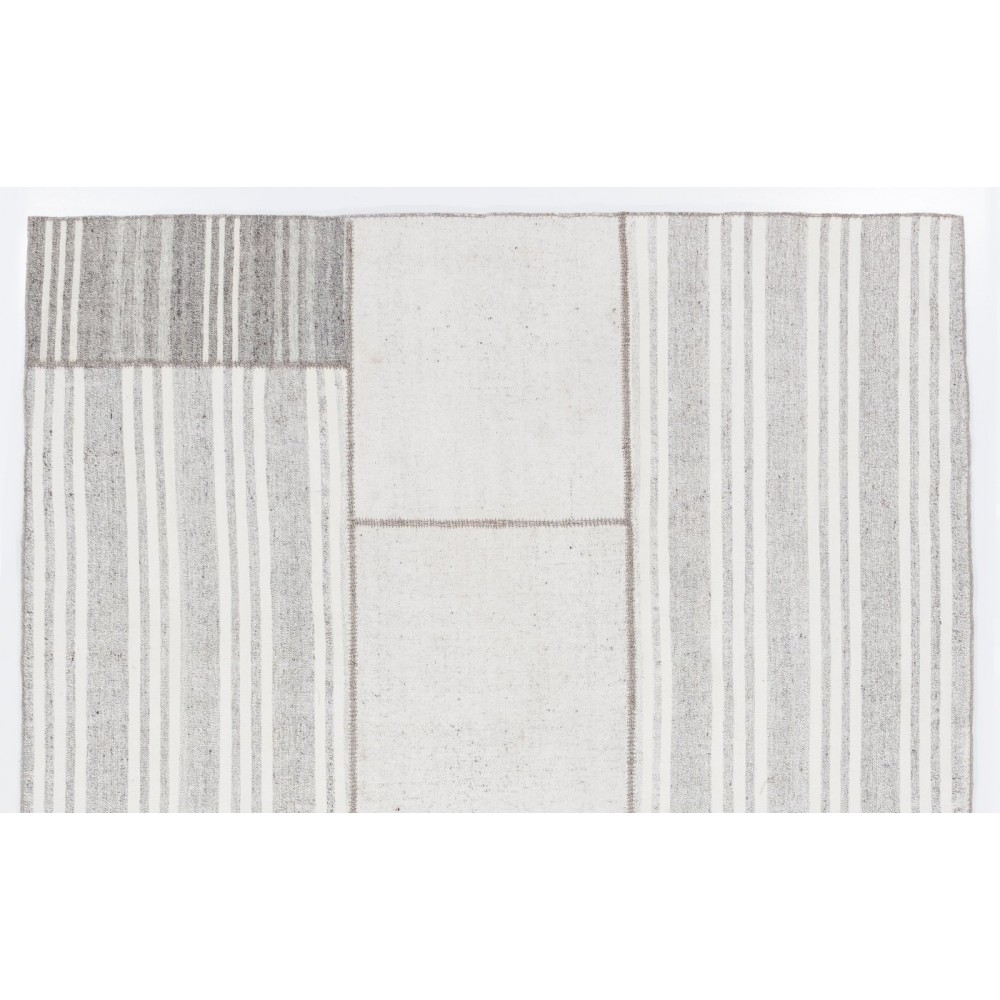 Vintage Handmade Turkish Goat Hair & Cotton Kilim Rug in Gray with White Stripes