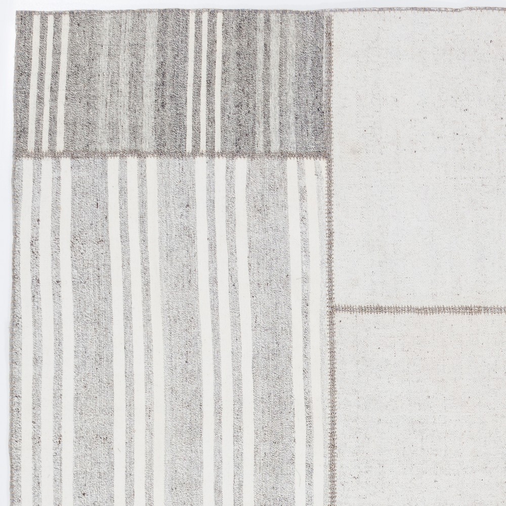 Vintage Handwoven Turkish Patchwork Kilim, Neutral Gray and Ivory Striped Flatweave Rug in Goat Hair and Cotton Vintage Handwoven Turkish Patchwork Kilim, Neutral Gray and Ivory Striped Flatweave Rug in Goat Hair and Cotton