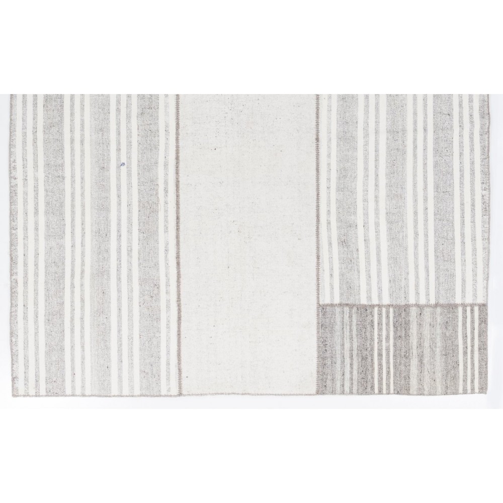 Vintage Handmade Turkish Goat Hair & Cotton Kilim Rug in Gray with White Stripes