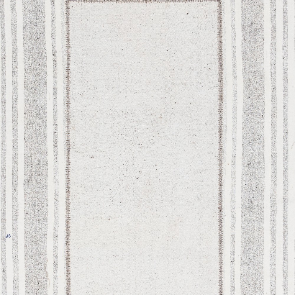 Vintage Handwoven Turkish Patchwork Kilim, Neutral Gray and Ivory Striped Flatweave Rug in Goat Hair and Cotton Vintage Handwoven Turkish Patchwork Kilim, Neutral Gray and Ivory Striped Flatweave Rug in Goat Hair and Cotton