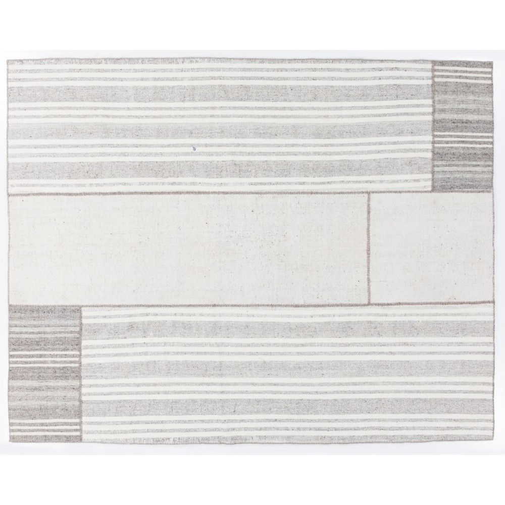 Vintage Handmade Turkish Goat Hair & Cotton Kilim Rug in Gray with White Stripes