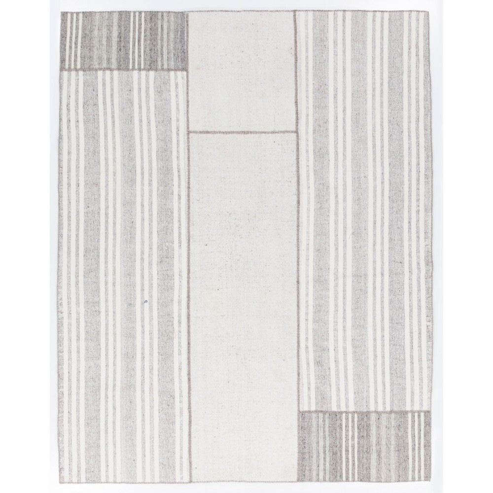 Vintage Handmade Turkish Goat Hair & Cotton Kilim Rug in Gray with White Stripes