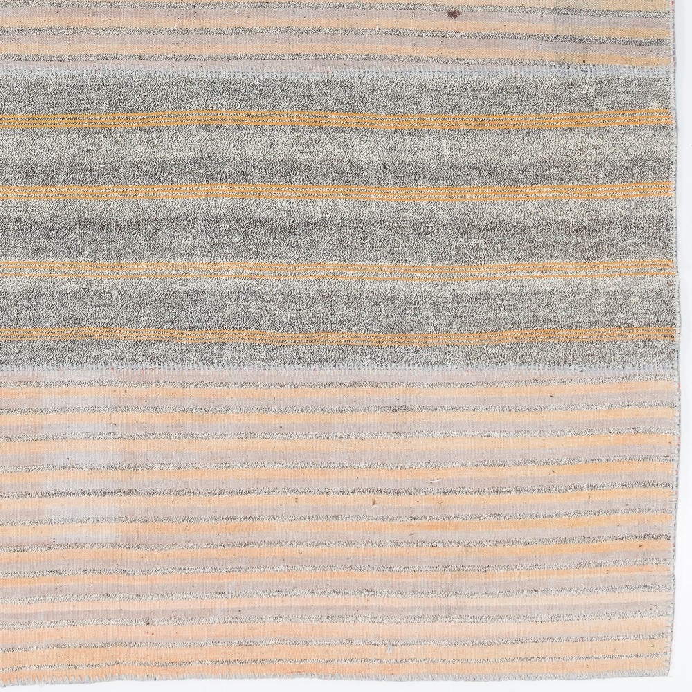 Vintage Handwoven Turkish Kilim, Neutral Gray and Peach Striped Flatweave Rug in Goat Hair, Wool and Cotton