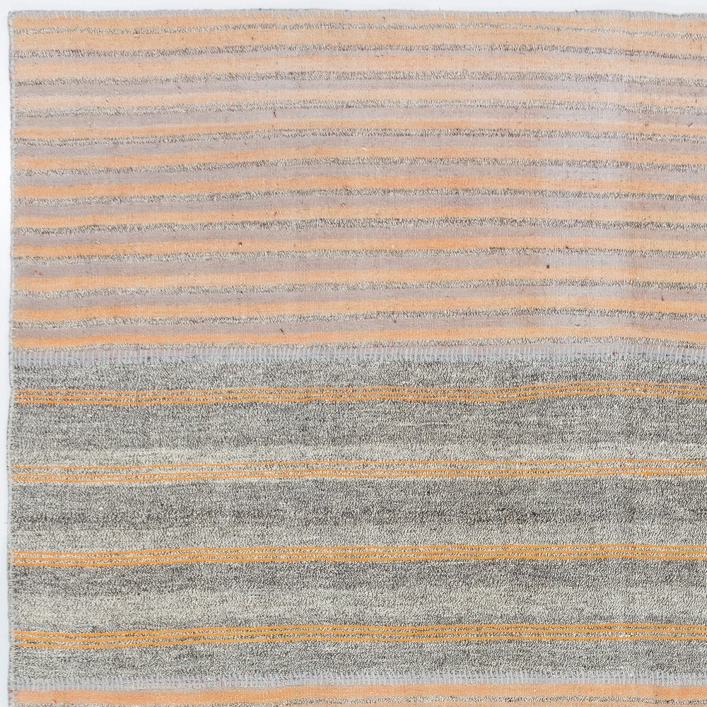 Vintage Handwoven Turkish Kilim, Neutral Gray and Peach Striped Flatweave Rug in Goat Hair, Wool and Cotton