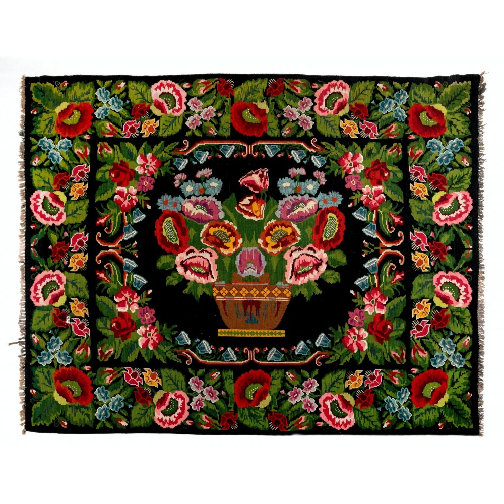 Flower Design Tapestry. Hand-Woven Vintage Eastern European Bessarabian Kilim Rug, 100% Organic Wool and Natural Dyes