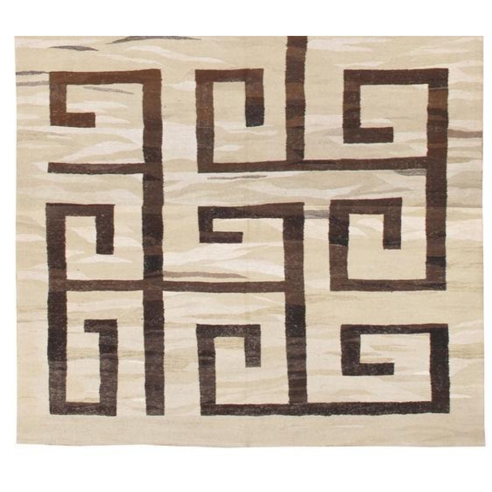 Greek Key Design Flat-Weave Kilim Rug. Made of Vintage Natural Hemp Yarns