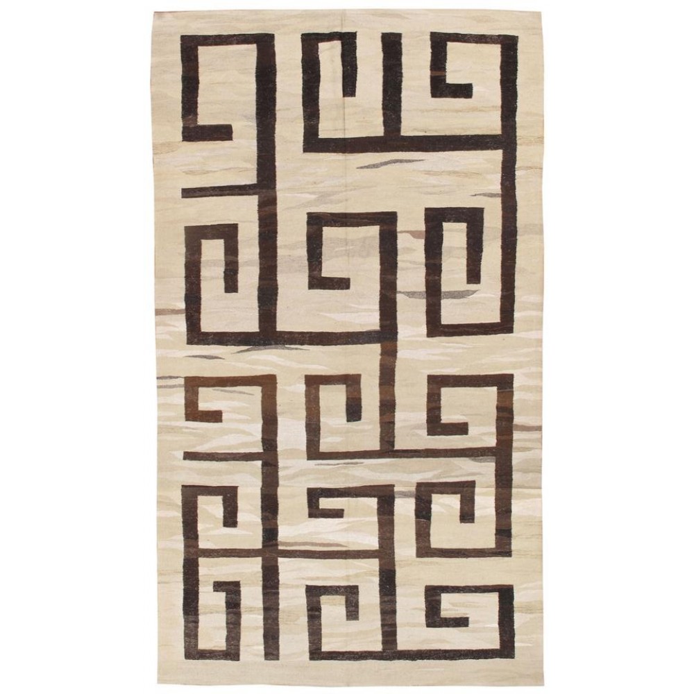 Greek Key Design Flat-Weave Kilim Rug. Made of Vintage Natural Hemp Yarns