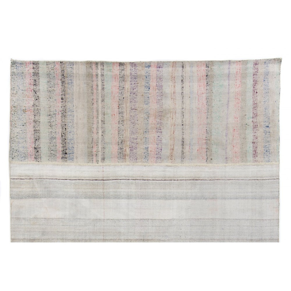 Vintage Hand-Woven Cotton Rag Rug with Pastel Colored Stripes