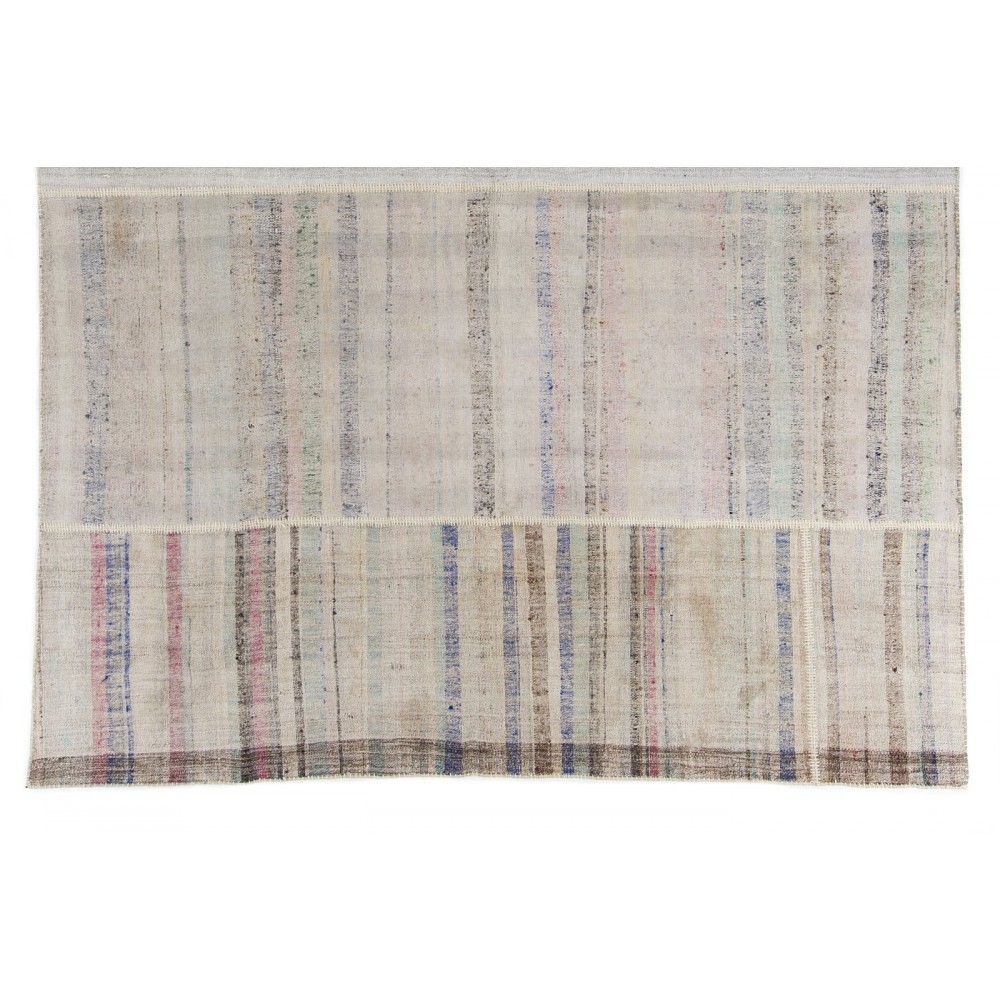 Vintage Hand-Woven Cotton Rag Rug with Pastel Colored Stripes