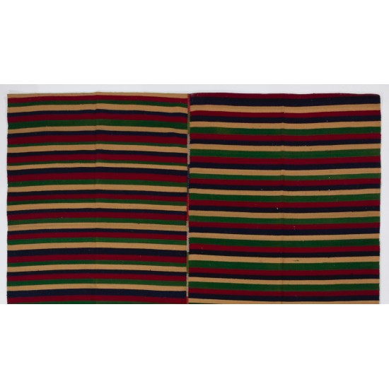 Hand-Woven Vintage Banded Wool Kilim, Flat-Weave Rug