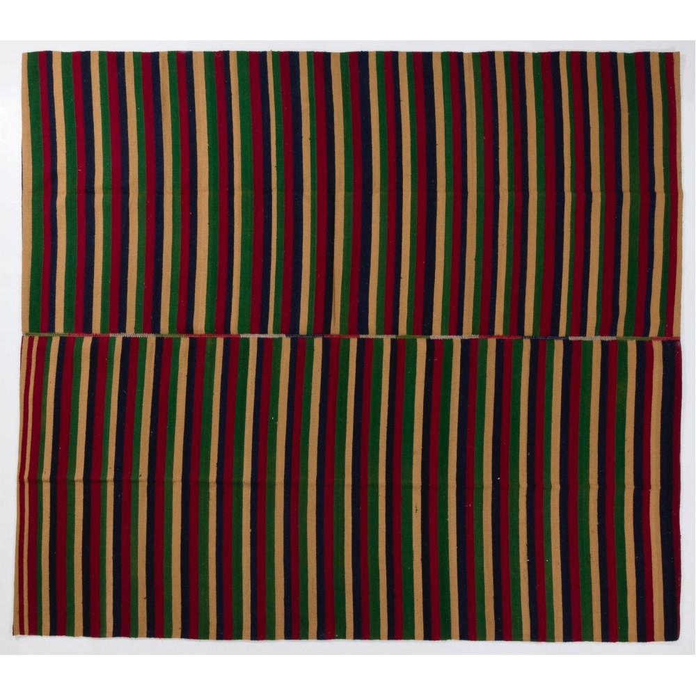 Hand-Woven Vintage Banded Wool Kilim, Flat-Weave Rug